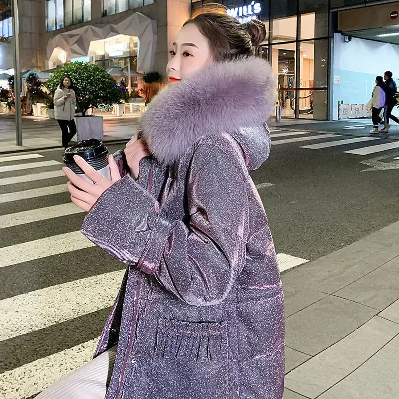 

Winter Mid-length Loose Hooded Warmth Large Fur Collar Over-the-knee Cotton Jacket Women Fashion Cotton Jacket Womens Clothing