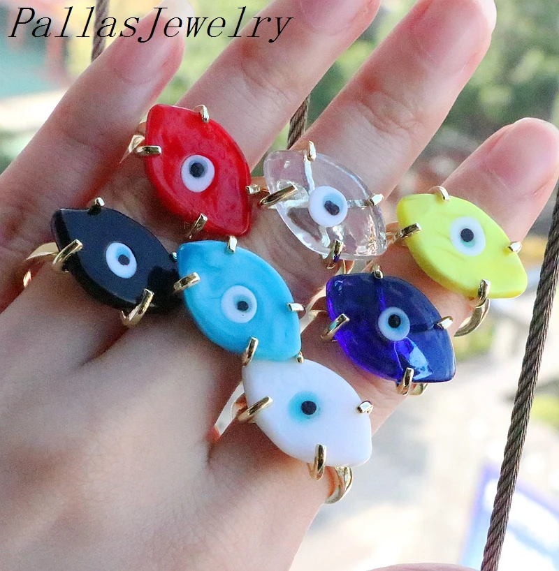 

10Pcs Jewelry 18k Gold Plated Turkish Colorful Lampwork Eyes Ring Lucky Glass Evil Eye Open Adjustable Rings For Ladies Gift