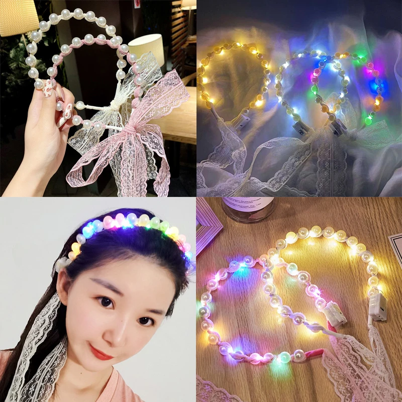 

Colorful Color-changing LED Lace Luminous Veil Flashing Glow Wedding Pearl Headband Hair Band Pearl Band Headdress