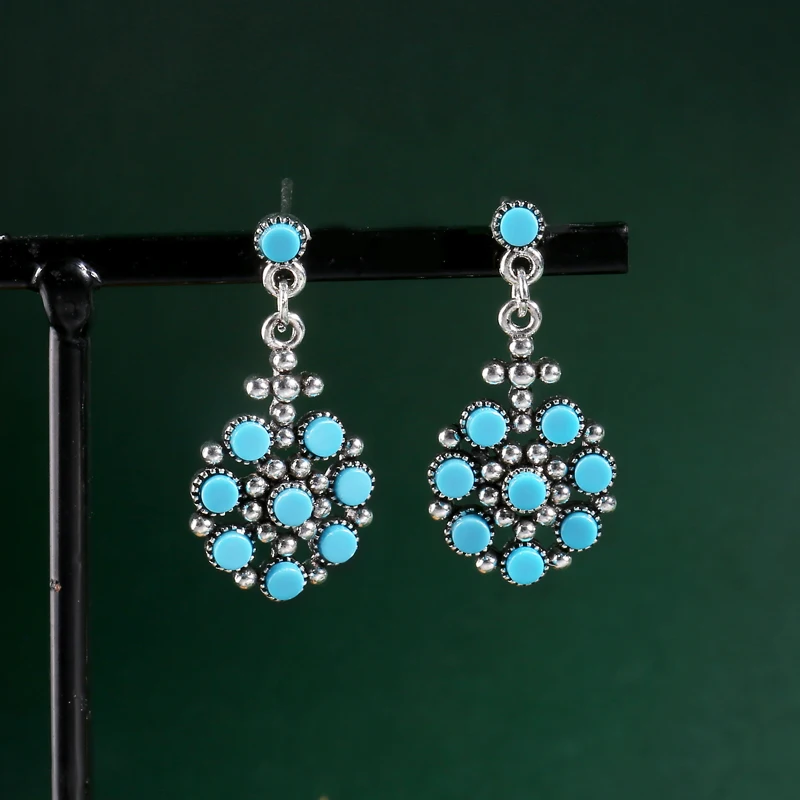 

Newest Creative Geometric Blue Beads Dangle Earrings Bohemian Antique Floral Hollow 925 Silver Needle Drop Earrings For Women