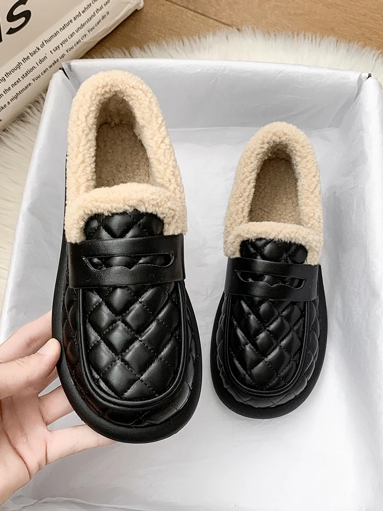 

Winter Shoes Women Shallow Mouth All-Match Round Toe Slip-on Loafers Fur Casual Female Sneakers New Slip On Moccasin PU Lace-Up