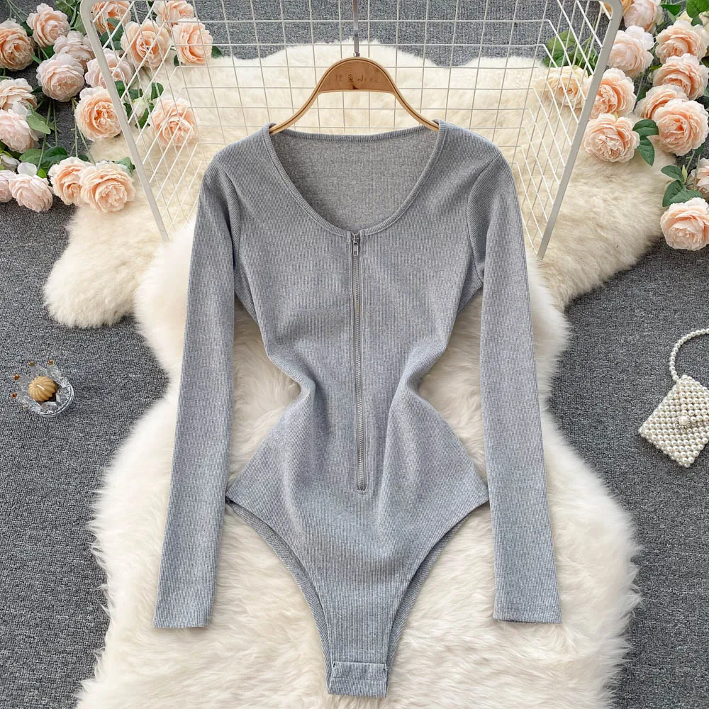 

SINGREINY Autumn New Rompers Female Long Sleeve Solid Sexy Slim Jumpsuits Fashion Korean Streetwear bodysuit shorts