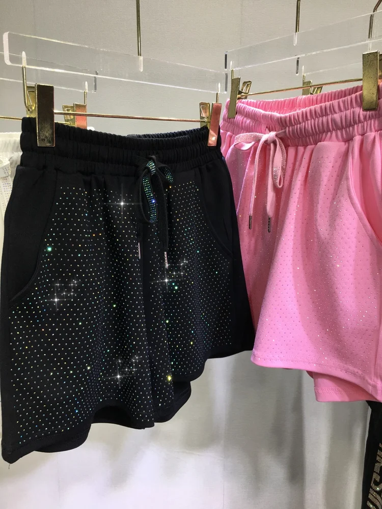 Heavy Embroidery Hot Drilling Shorts Women's Age-Reducing Full Diamond Color High Waist Wide Leg Summer Versatile Slim Fit Pants