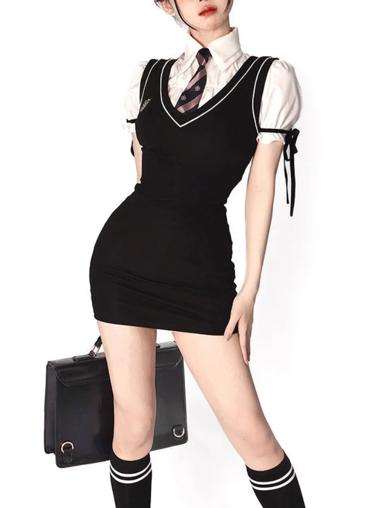 

2023 HOUZHOU Preppy Style Vest Dress Women Two Piece Set Cute Sexy Korean Puff Sleeve Shirt Black Slim Mini Dress School Uniform