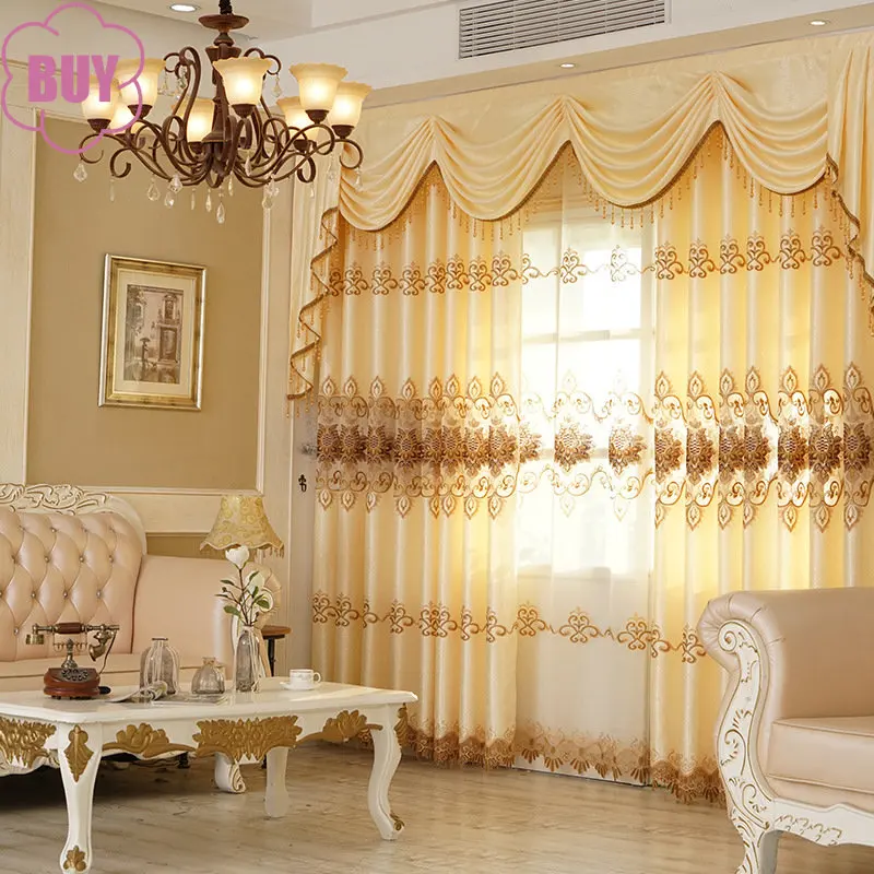 

European Style Curtains for Living Dining Room Bedroom High-end Embroidery Tulle valance Finished Product French Window Woven