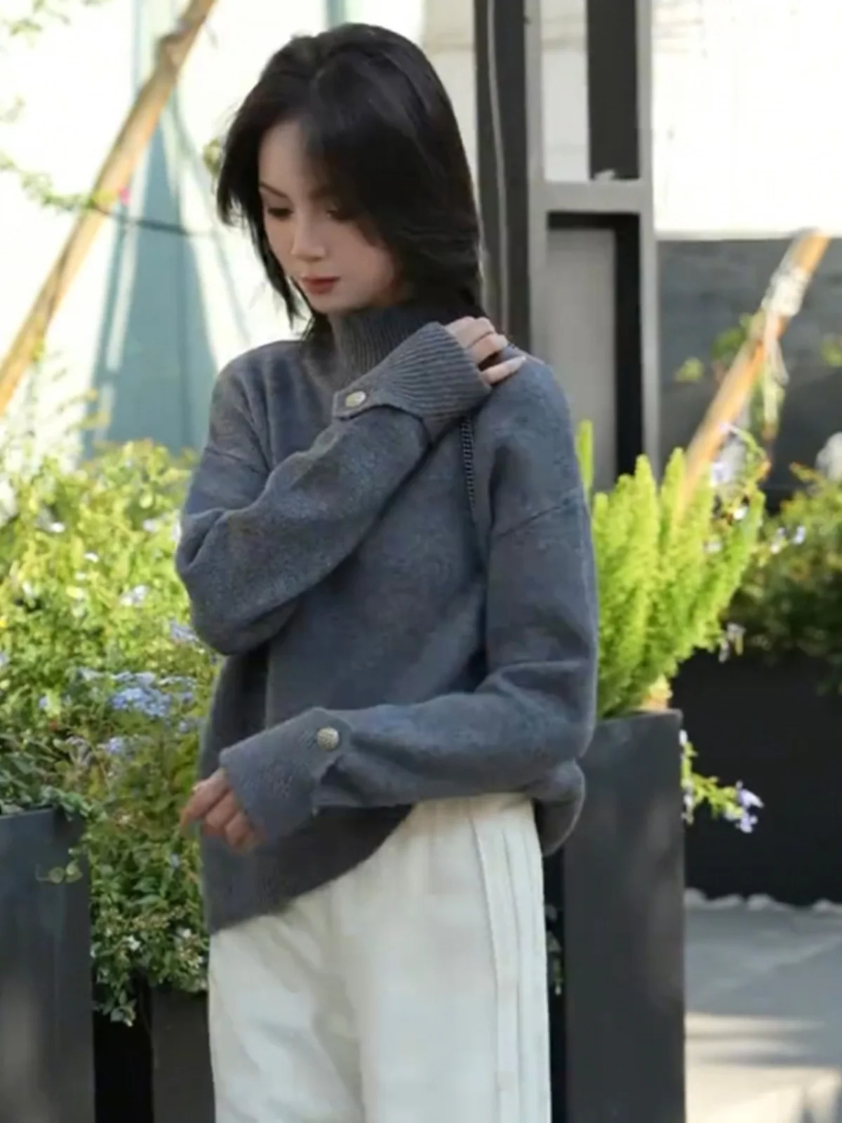 Серый вязаный женский свитер с высоким воротником новинка 2024 осень и зима