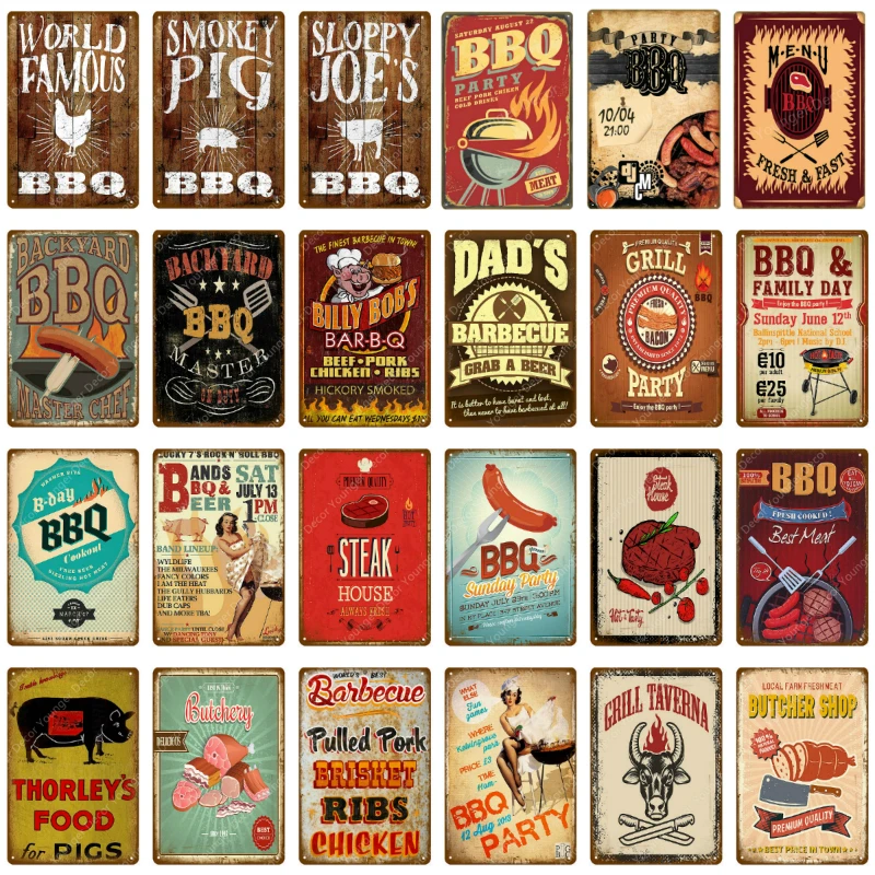 

BBQ Steak House Grill Party Vintage Poster Wall Decor For Bar Pub Kitchen Home Plate Barbecue Metal Signs Painting Plaque YJ187