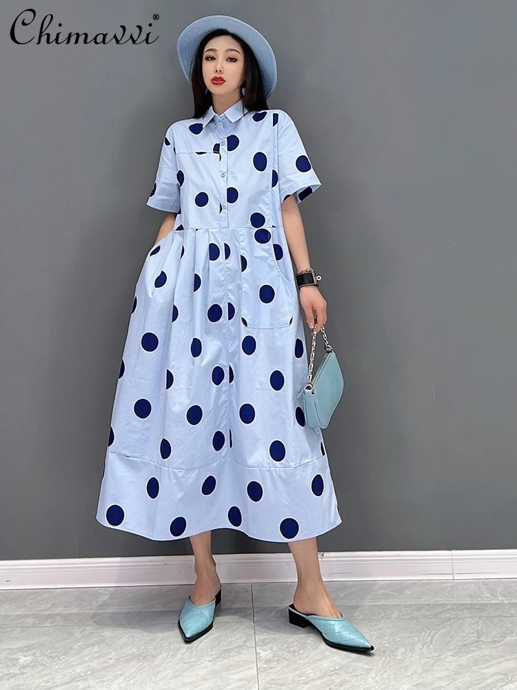 

European Style 2022 Summer Clothes New Fashion Short Sleeve Dresses for Women Casual Polka Dot Loose Oversized Shirts Dress