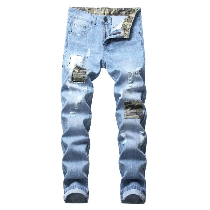 

Men's Jeans Patchwork Fashion Casual Slim Design Teared Distressed Camouflage Denim Size28-42