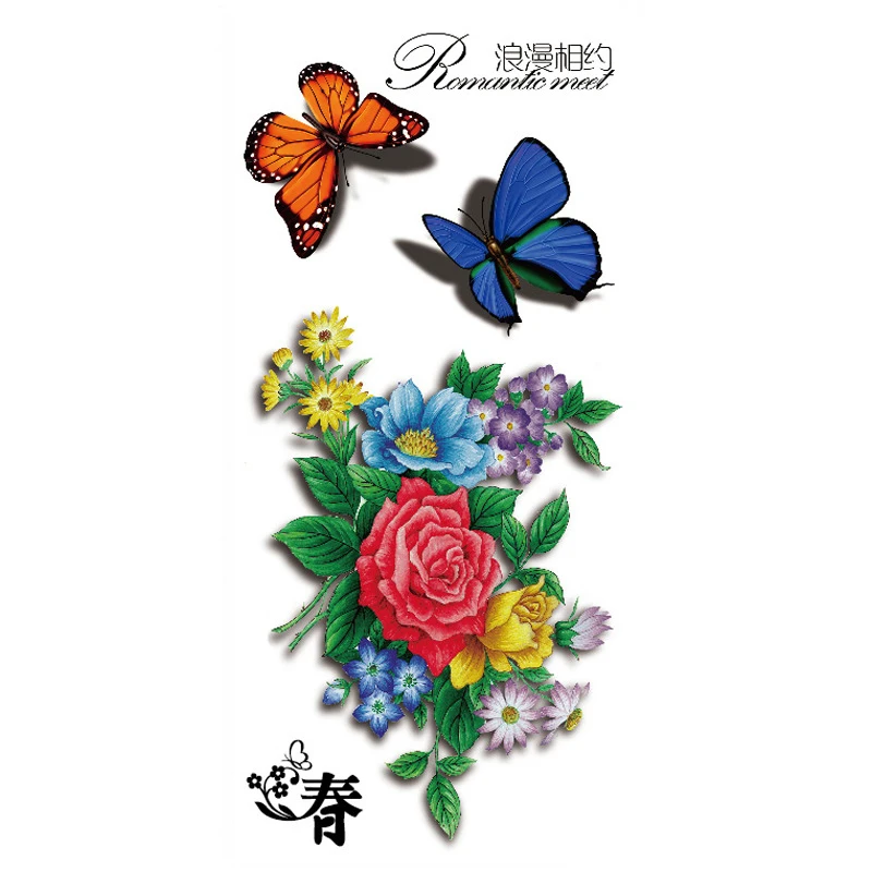 

Водостойкая Временная тату-наклейка для женщин и девушек, 3D бабочка, розы, цветы, искусственная татуировка для тела, искусственная тату-накл...