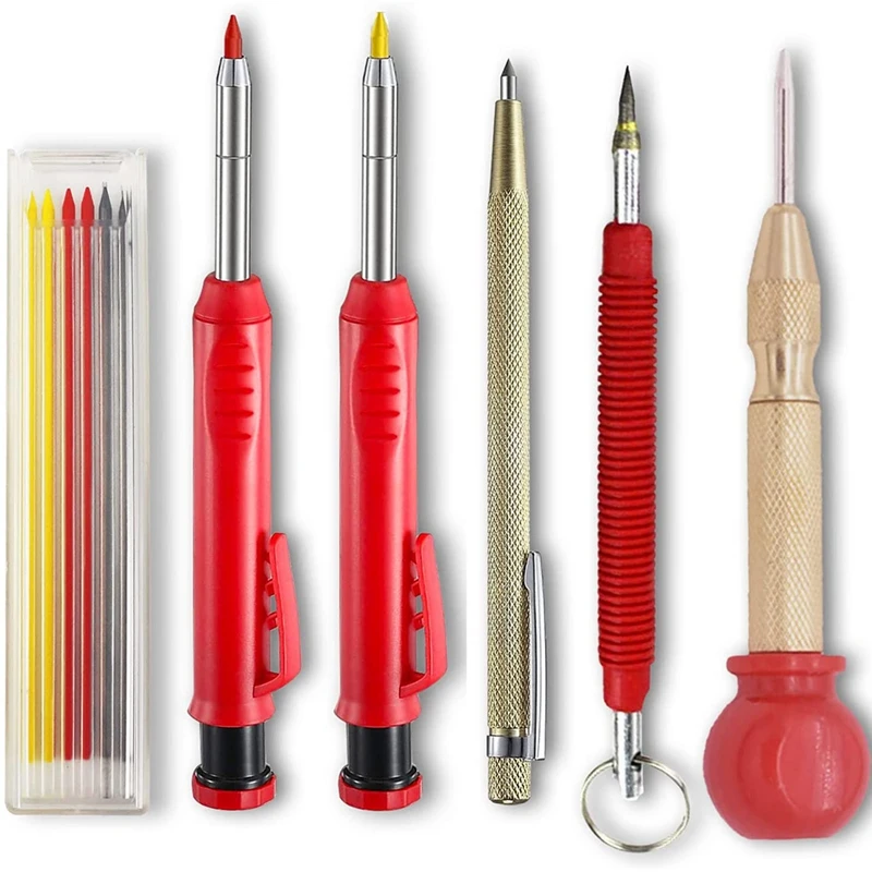 

2 Solid Carpenter Pencils With 6 Refill Red Yellow Black, 2 Carbide Scriber Tools And Automatic Center Punch Tool Marker