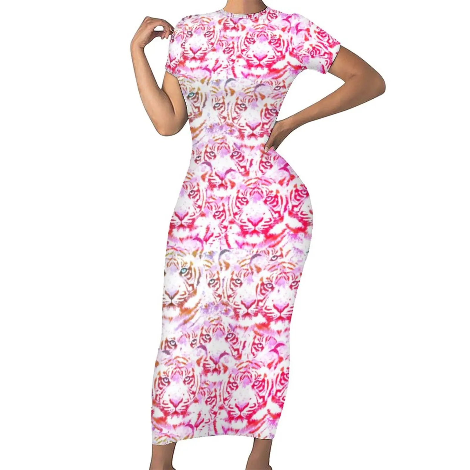 

Pink Tiger Face Dress Short Sleeve Abstract Animal Art Modern Maxi Dresses Holiday Aesthetic Design Bodycon Dress Big Size