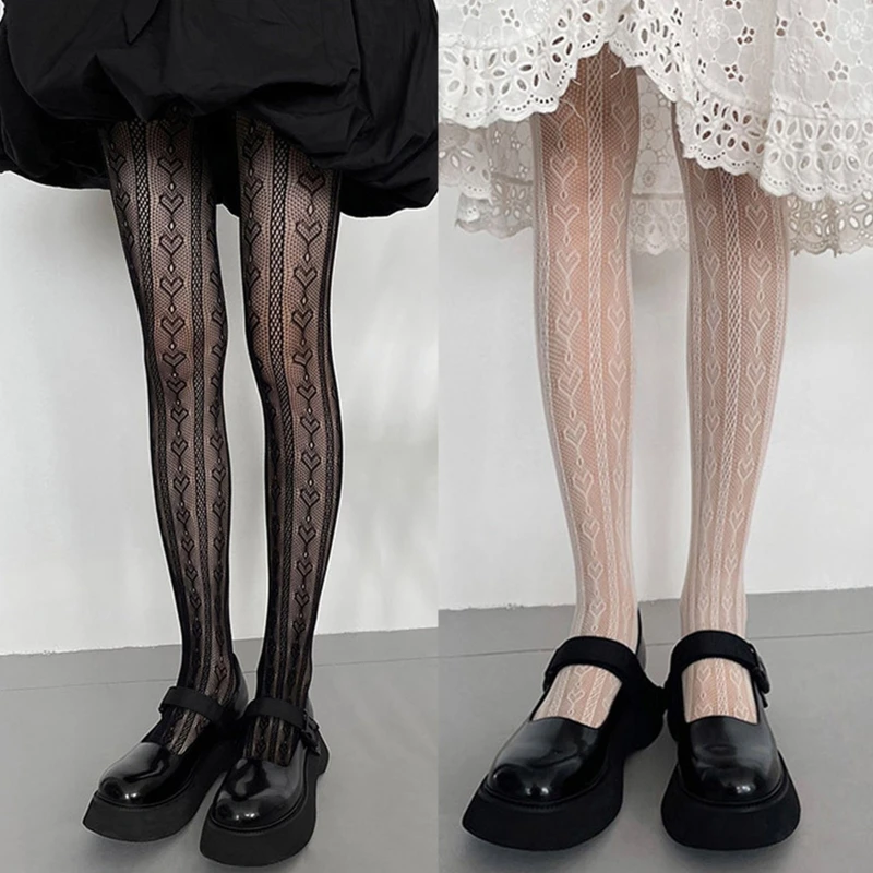 

Женские тёмные готические сетчатые колготки в стиле "Лолита", прозрачные колготки в японском стиле "Лолита" с милыми сердечками и вертикальн...