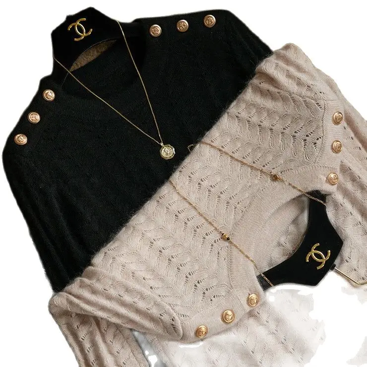 

Fuzzy Sweater Women Sweater Oat Jacquard Hollow Sleeve Round Neck Pullover Sweater Top Fashion Clothes French Style