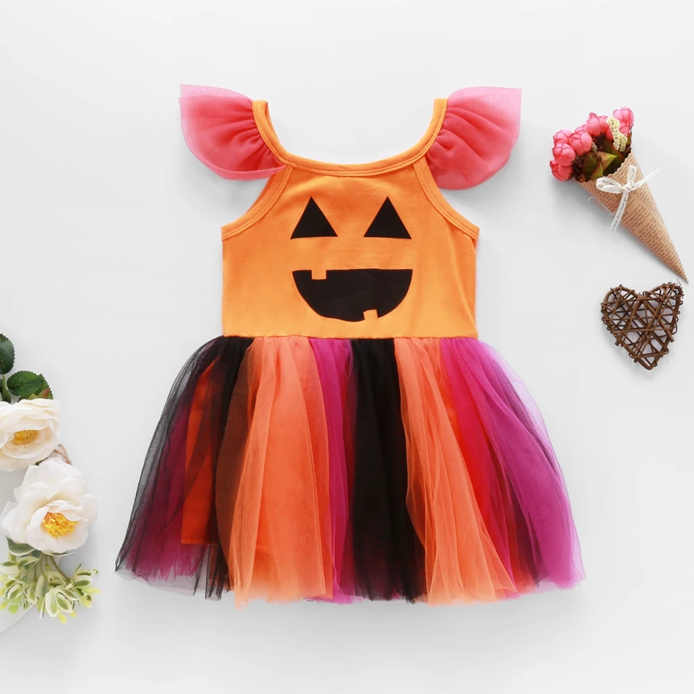 

Halloween Baby Girl Dress 0-6T Girls Summer Sleeveless Fashion Party Costume Cute Ruffle Shoulder Witch Dresses For Toddler Kids