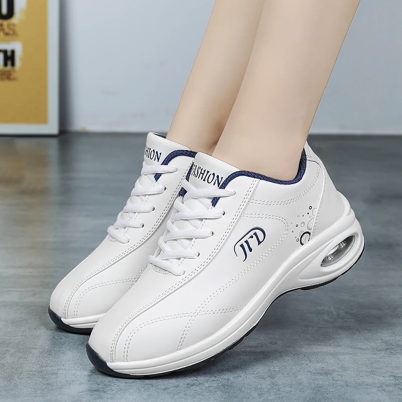 PU Leather Running Shoes Women Air Cushioning Sneakers White Casual Damping Non Slip Female Trainers Walking Sport Footwear