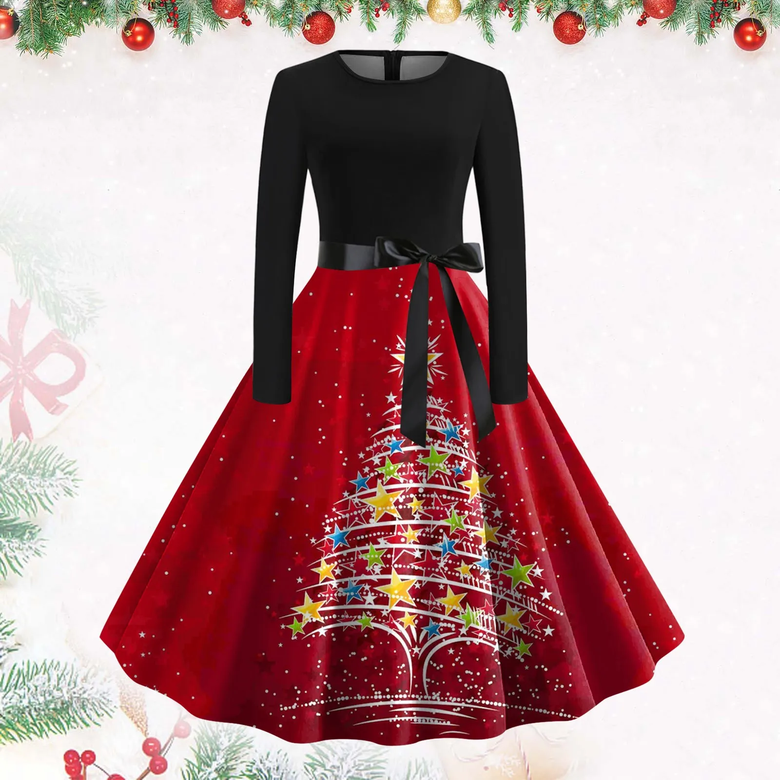 

Women Christmas Dress Vintage Elegant Long Sleeve Swing 50s 60s Rockabilly Xmas Party Dress Navidad Costumes Pinup Vestidos