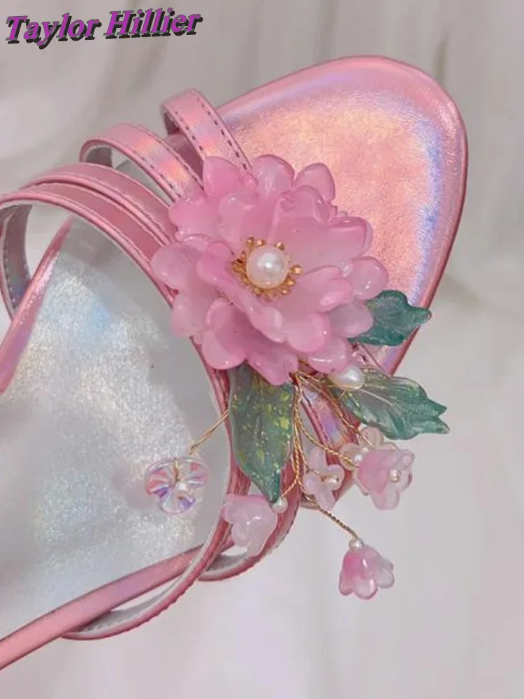 Фото Женские тапочки с розовым цветком Tacones, туфли без шнуровки на высоком каблуке с открытым носком, летняя модная шикарная верхняя одежда, элегантная обувь, большие размеры 2025 г. №1
