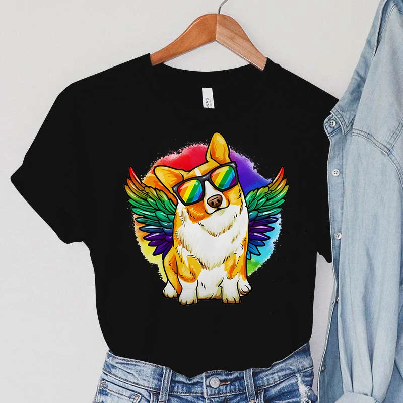 

Funny Corgi Dog T-Shirts Female ShortSleeve Tops Rainbow Wing Women's Clothing Animals Dog Pride TShirts Harajuku Women T-Shirts