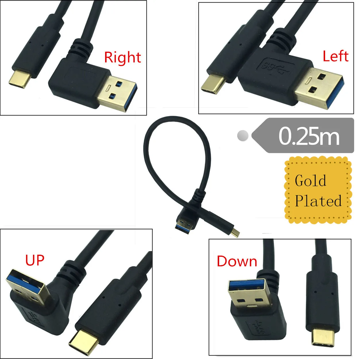 

Позолоченный USB 3.0 Type-A под углом 90 °, левый правый вверх вниз штекер-USB 0,25 Type-C штекер, USB-кабель для синхронизации данных и зарядки, соединитель...