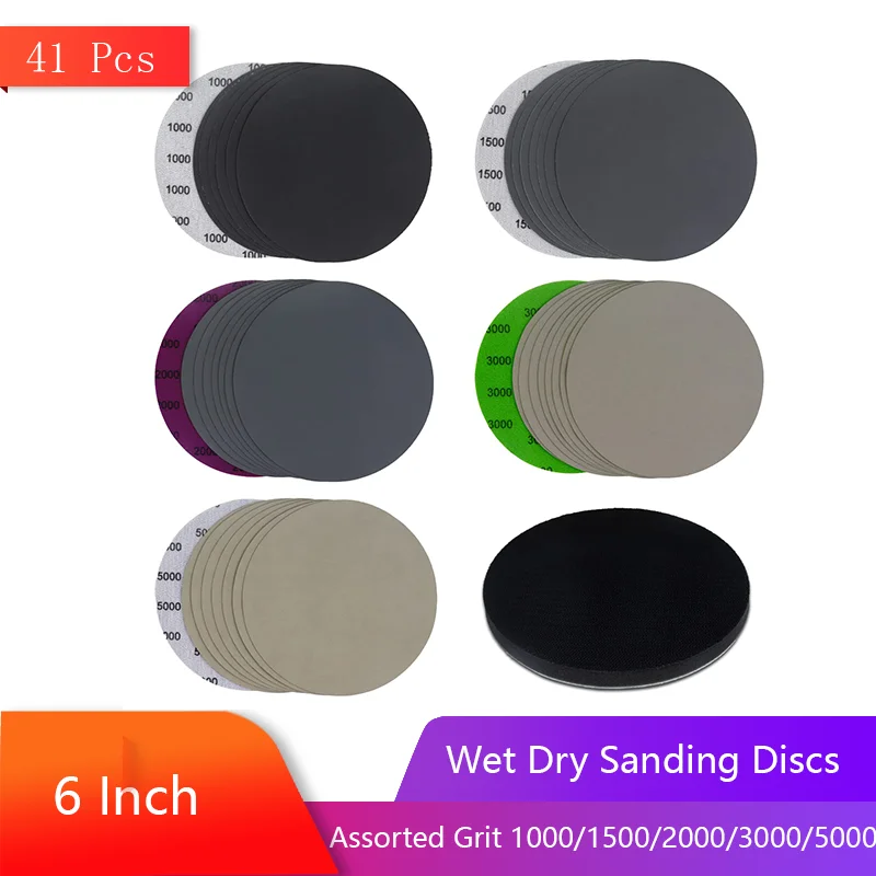 

6 Inch Wet Dry Sanding Discs with Interface Pad Assorted 1000/1500/2000/3000/5000 Grit Waterproof Hook & Loop Sandpaper