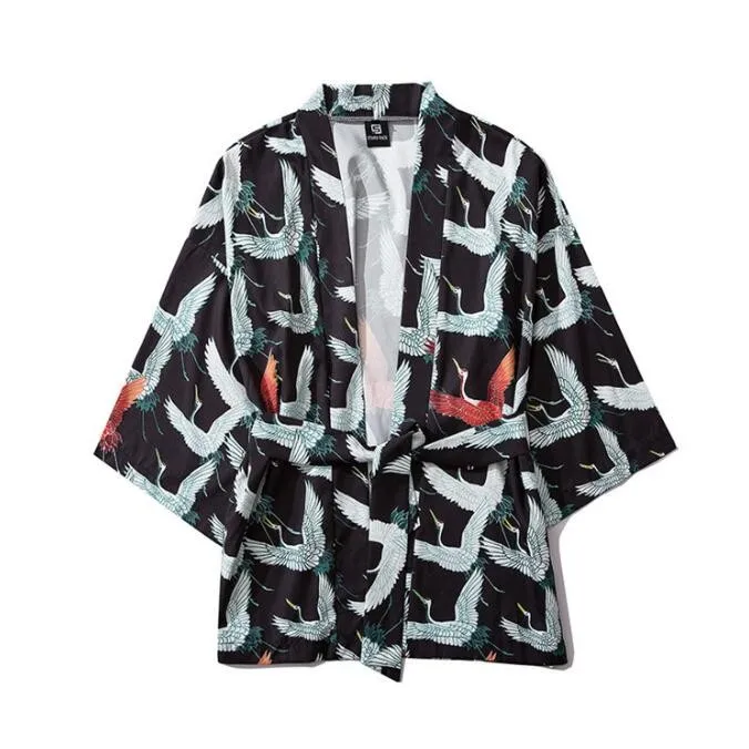M-XXL Couple Rayon Kimono Robe Casual Cardigan 3/4 Sleeve Home Bathrobe Chinese Crane Tao Robe Underwear Coat Loungewear Hanfu
