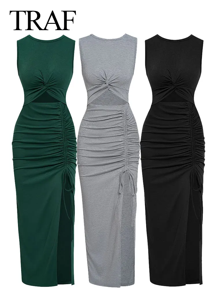 

TRAF 2023 Women's Vintage Solid Waist Hollow Out Sexy Slim Sheath Dress Draped Slit O Neck Sleeveless Female Long Dress