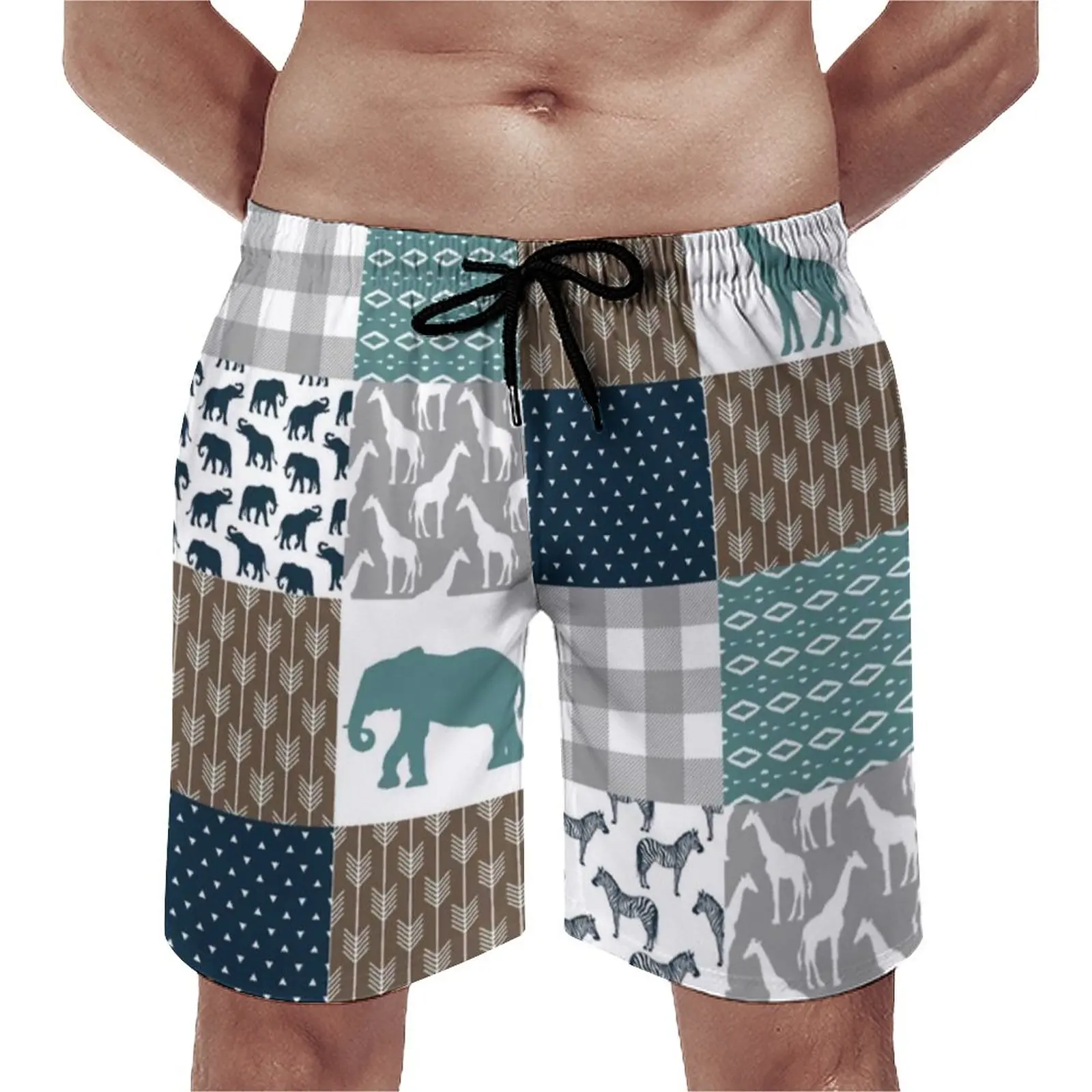 

Cute Nordic Animal Board Shorts High Quality Brown Navy Plaid Print Board Short Pants Men's Drawstring Pattern Swimming Trunks