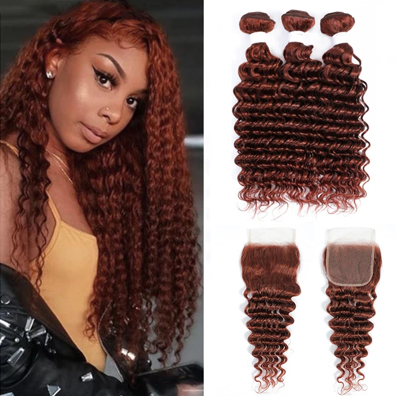 Deep Wave Bundles With Closure Brazilian Remy Hair Weave Bundles With Closure IJOY Brown Auburn 3PCS Human Hair Extensions