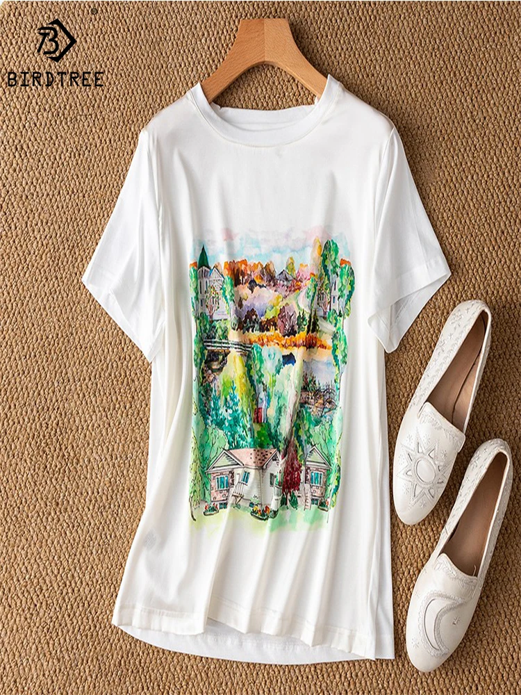 

Birdtree Women's 93%Mulberry Silk 7% Spandex Front T-shirt Loose Top Crewneck, Short Sleeves, White Home Print MM502 T37806QD