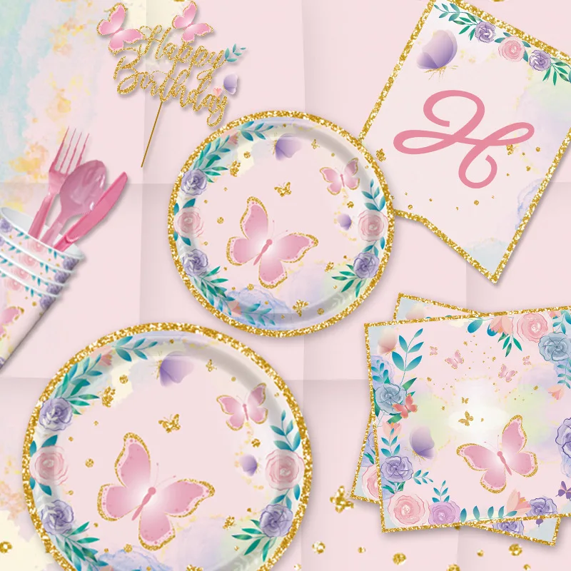 

Butterfly Disposable Tableware Set Paper Plate Napkin Banner Happy Girls Birthday Party Decorations Kids Baby Shower Supplies