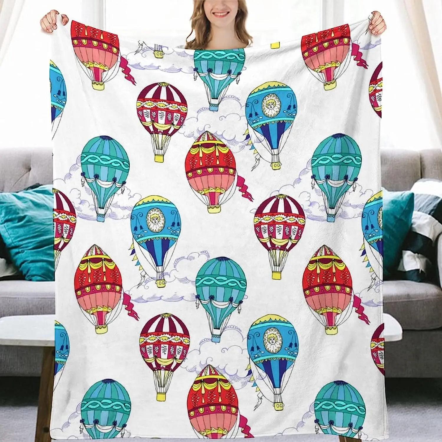 

Balloon Blanket for Kids Hot Air Balloons Pattern Decorative Throw Blanket Soft Warm Cozy Flannel Plush Flannel Blankets