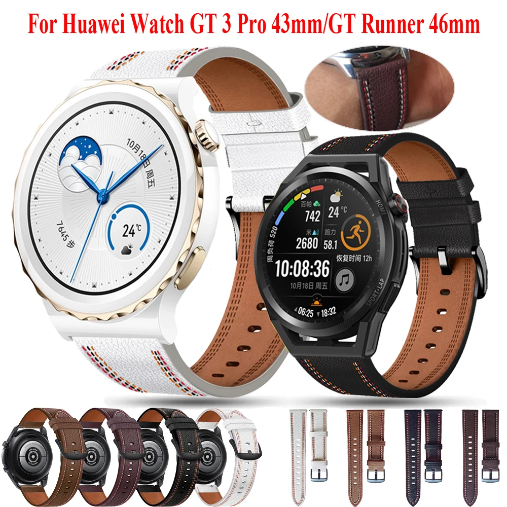 

Ремешок кожаный для смарт-часов Huawei Watch GT3 Pro, кожаный браслет для наручных часов Huawei Watch GT3 Pro 43 мм/GT 2 3 42 мм Runner 46 мм, аксессуары для часов 20 22 мм