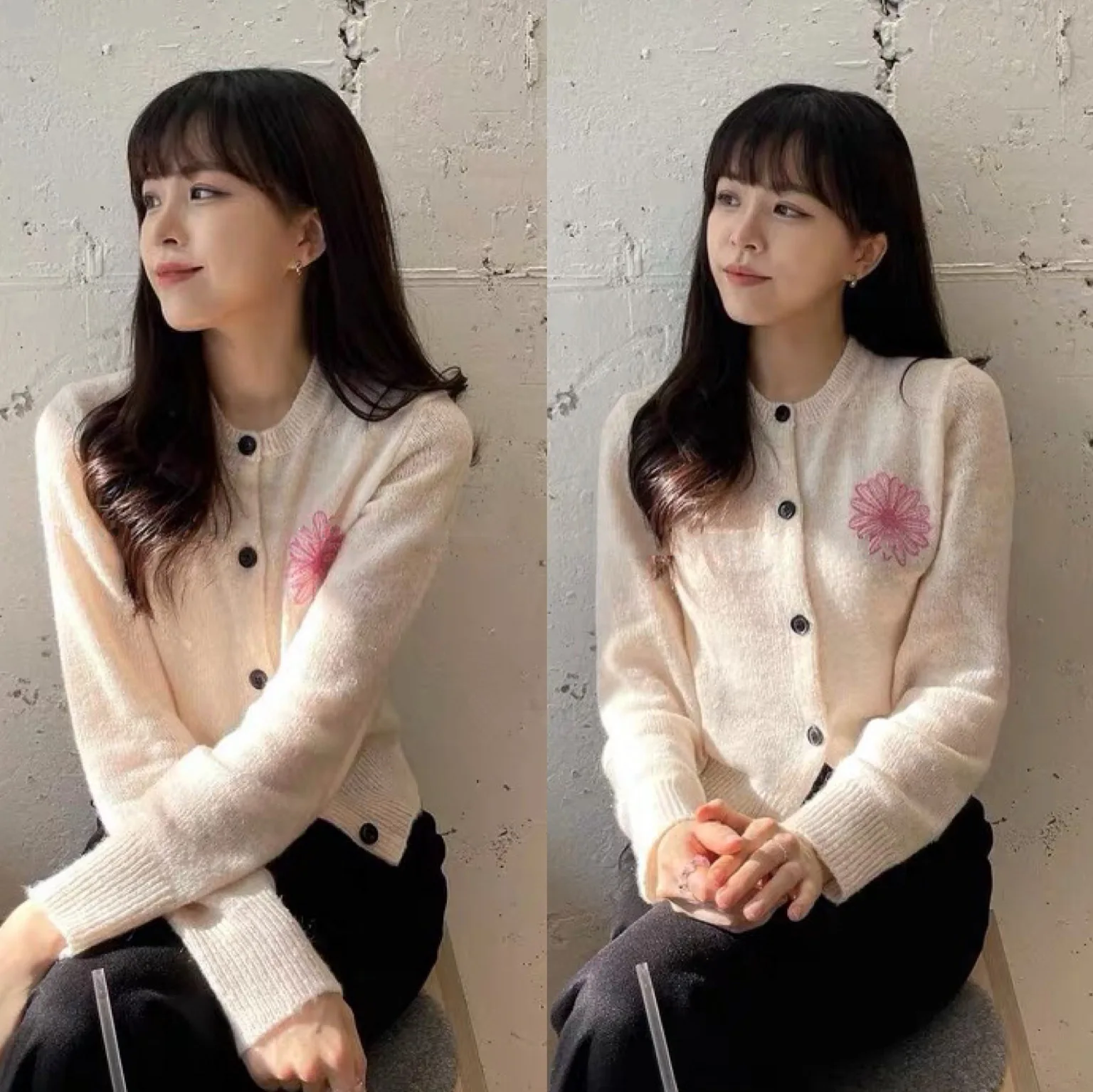 

2023 New Autumn and Winter Mohair Round Neck Button Knitted Cardigan Women