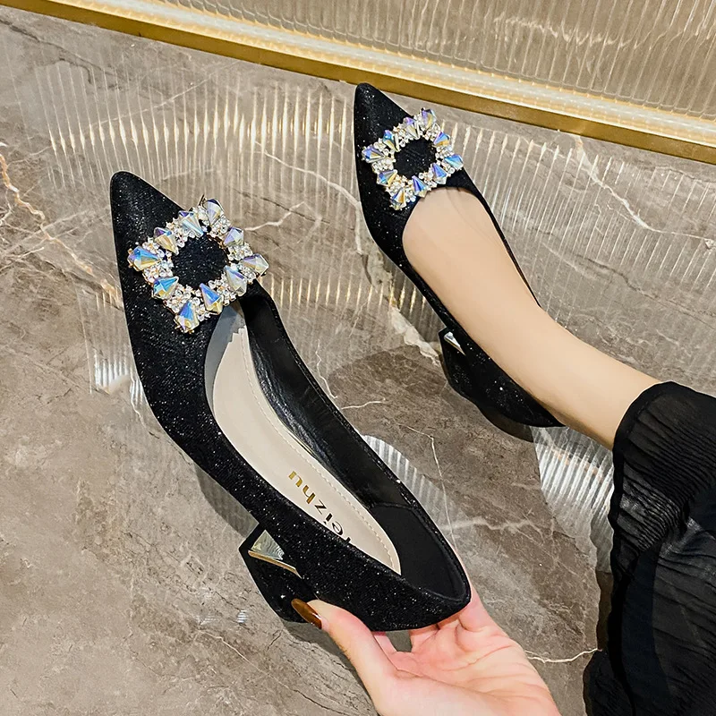 Women Pointed Toe Pumps Slip on Office Lady Wedding Bridesmaid Dress Shoes 5cm Med Heel Bling Crystal Chain Femle Soles D89