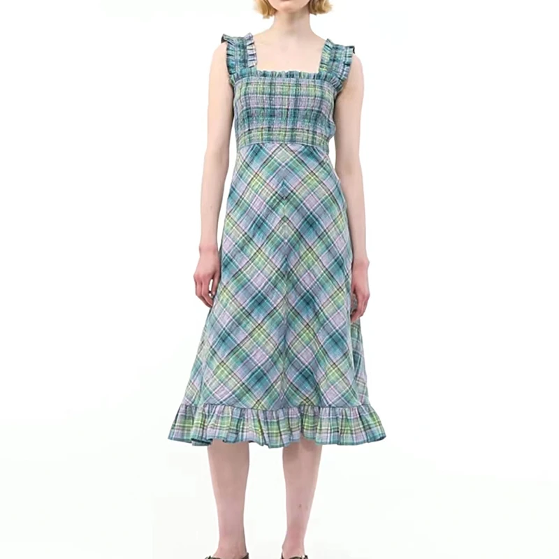 2023 Spring and Summer New Dress Women Plaid Pleated Seersucker Ruffled Dress