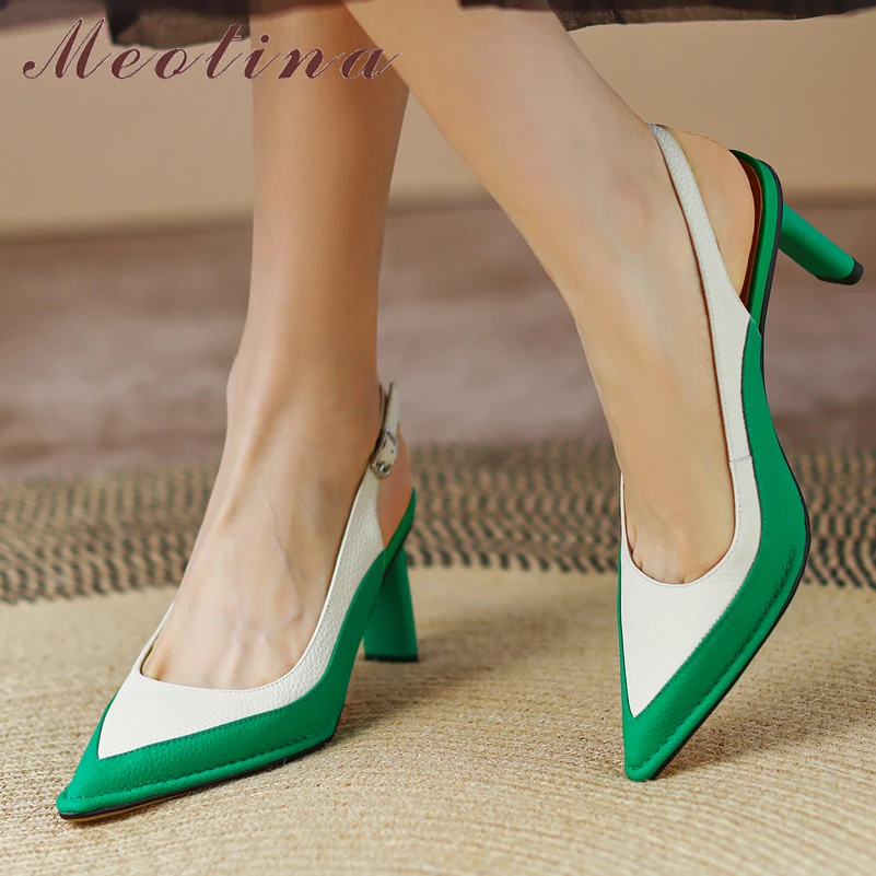 

Meotina Women Geniune Leather Pointed Toe Thin High Heel Pumps Buckle Mixed Colors Shallow Slingbacks Heels Ladies Shoes Green