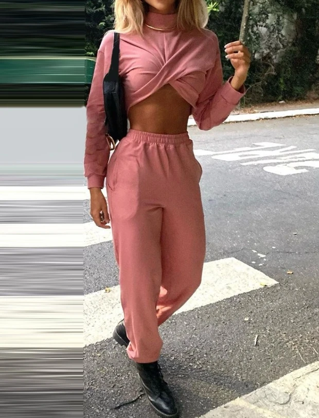 

Casual Women's Pants 2 Piece Set 2023 Autumn Female O-Neck Long Sleeve Twisted Crop Top & Fashion Pocket Design Sweatpants Set