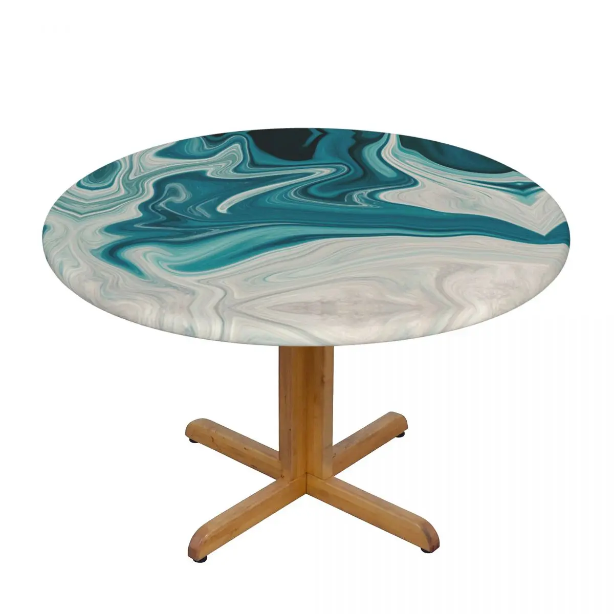 Round Table Cover Cloth Protector Polyester Tablecloth White And Teal Marble Fitted Table Cover with Elastic Edged