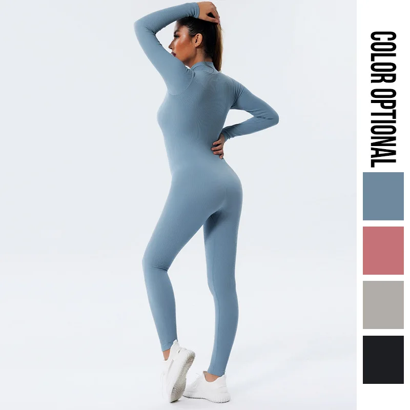 Seamless Zipper Yoga Jumpsuits Sports Fitness Hip-lifing Long-sleeved Jumpsuit Dance Bodybuilding Workout  Gym Clothes for Women