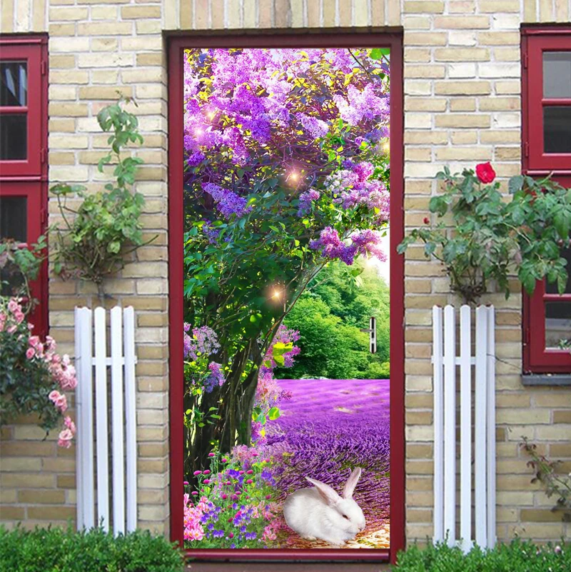 

Papel de parede rabbit under the beautiful purple tree landscape door sticker bedroom door wallpaper mural , home decoration