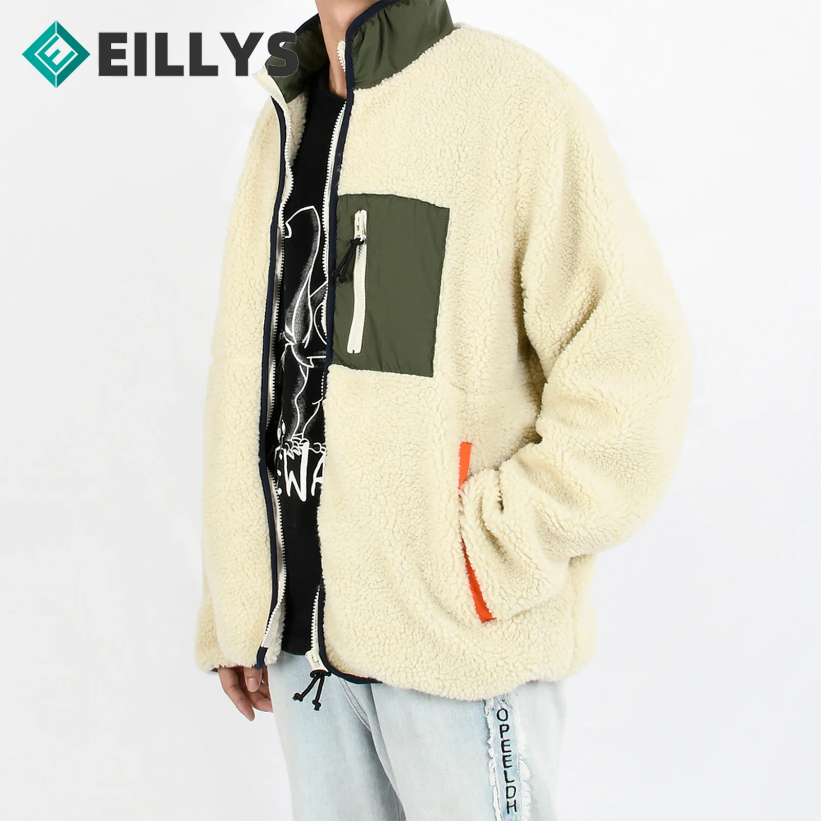 Мужская осенняя куртка из овечьей шерсти свободная в стиле пэчворк цветная