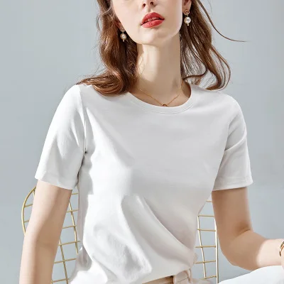 

2021 new fashion T-shirt Womens Summer Solid Color Round Neck Short Sleeve Fitted