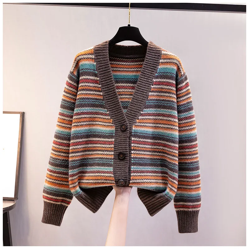 

YEMOGGY striped knit sweaters Winter Women's cardigan 2023 New Women's sweater cardigan Women's Deep V-neck midi fashion jacket