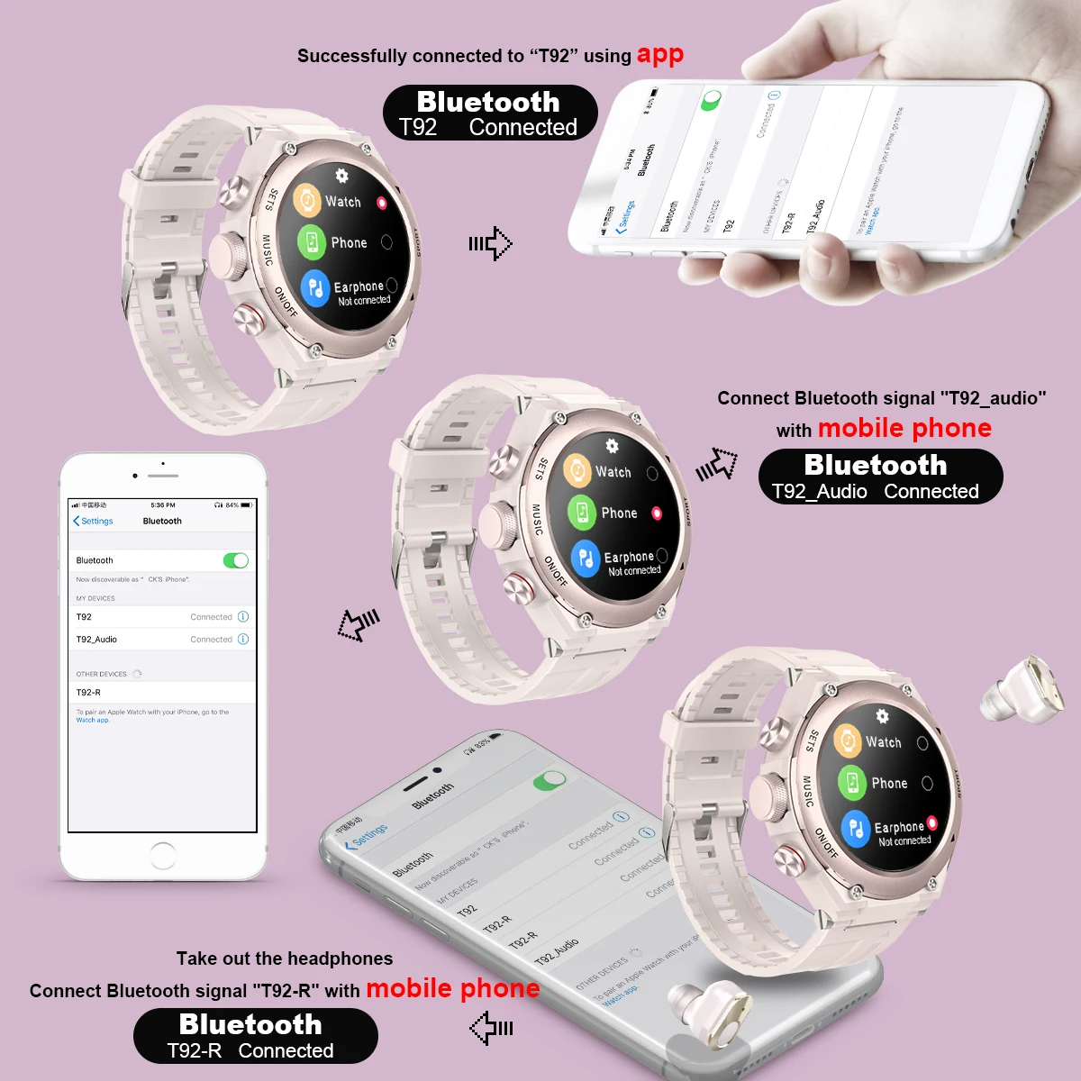 3-in-1 T92 Smart Watch With TWS Dual Bluetooth Headphone MP3 Local Music Call Sports Fitness Waterproof Supports DIY Dial |