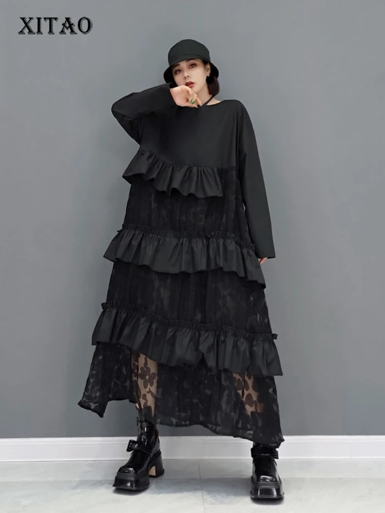 

XITAO Solid Black Lace Cupcake Dress Fashion Flounced Edge Splicing Loose Casual O-neck Collar Long Sleeve Autumn New WMD3343