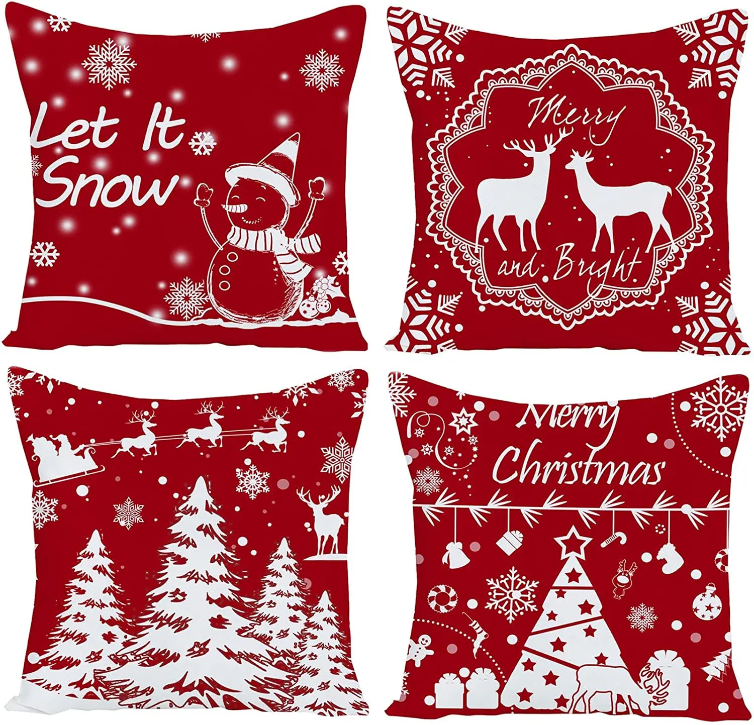 

Set of 4 Xmas 18x18 Pillow Cover Red Merry Christmas Snowflake Pine Tree Deer Decor Throw Pillow Cases Pillowcases for Home Sofa