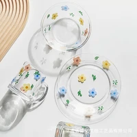 broken flower glass plate tableware set korean household milk cup dessert basin lovely girl heart small fruit plate dinner