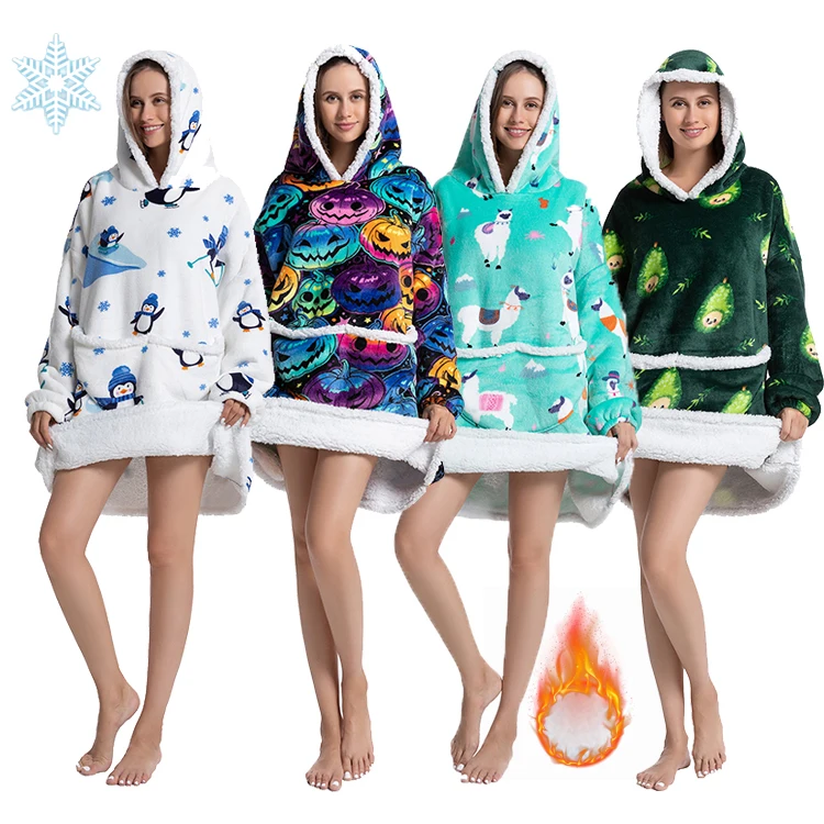 

Женское зимнее одеяло, толстовка большого размера с капюшоном, флисовое милое одеяло с рукавами, рождественские подарки, Фланелевая пижама,...
