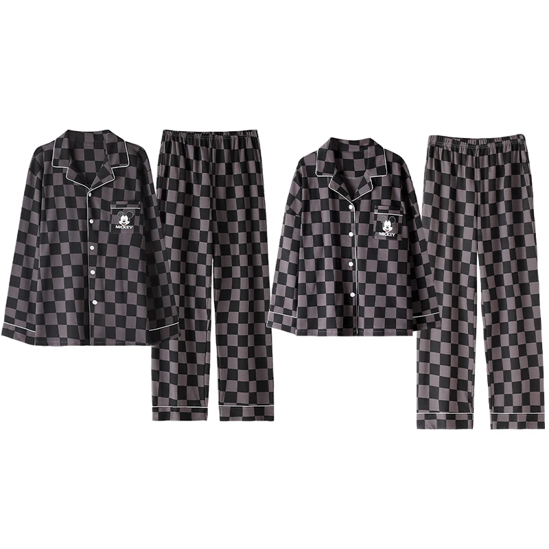 Disney Autumn Winter Cotton Pajamas Set for Women Men Couples Nightwear Loose Long Sleeve Sleepwear Set Home Clothes Outfits
